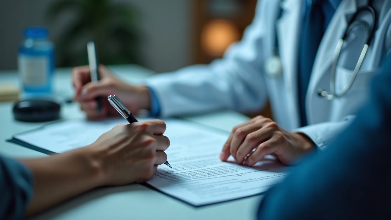 Paciente firmando un formulario de consentimiento informado frente a su médico