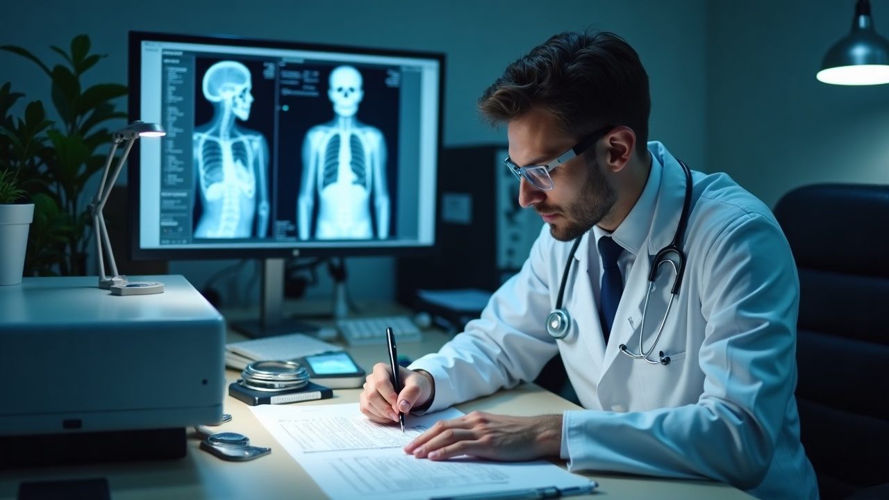 Médico forense redactando un dictamen pericial en su consultorio, con radiografías de fondo